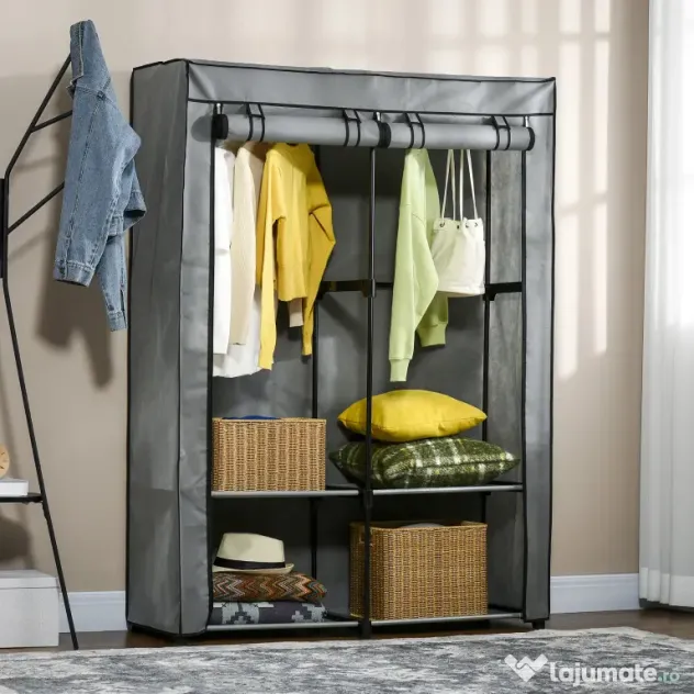 HOMCOM Dulap Portabil din Oțel cu 4 Rafturi 2 Umerase și Ușă Gri Design Compact și Versatil pentru Dormitor sau Hol | Aosom Romania