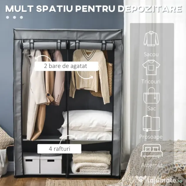 HOMCOM Dulap Portabil din Oțel cu 4 Rafturi 2 Umerase și Ușă Gri Design Compact și Versatil pentru Dormitor sau Hol | Aosom Romania