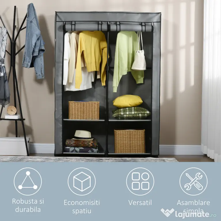 HOMCOM Dulap Portabil din Oțel cu 4 Rafturi 2 Umerase și Ușă Gri Design Compact și Versatil pentru Dormitor sau Hol | Aosom Romania