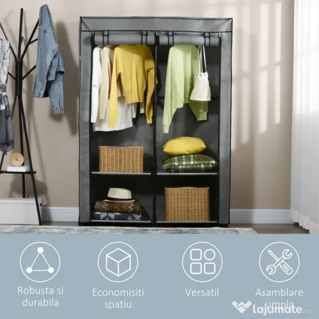 HOMCOM Dulap Portabil din Oțel cu 4 Rafturi 2 Umerase și Ușă Gri Design Compact și Versatil pentru Dormitor sau Hol | Aosom Romania