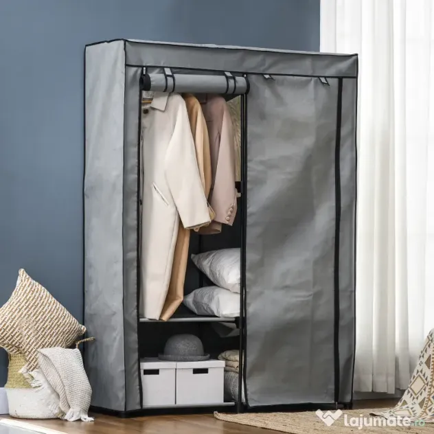 HOMCOM Dulap Portabil din Oțel cu 4 Rafturi 2 Umerase și Ușă Gri Design Compact și Versatil pentru Dormitor sau Hol | Aosom Romania
