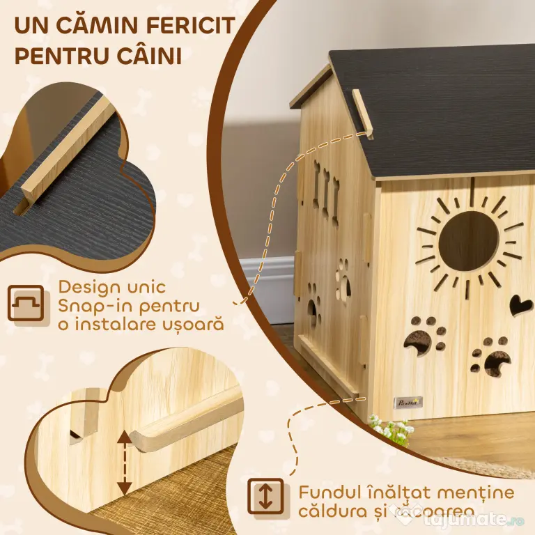 PawHut Cușcă pentru Câini, din Lemn și Deschideri în Formă de Lăbuță, Inimă și Os, Culcuș, Stejar | Aosom Romania