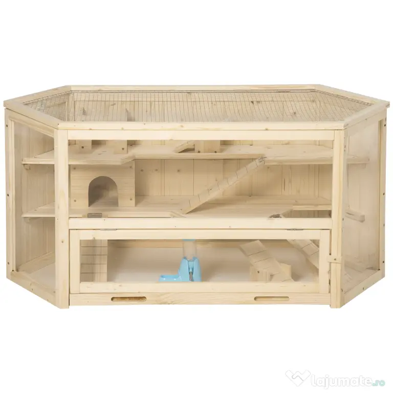 PawHut Cusca Hamsteri din Lemn cu 3 Nivele, Acoperiș Deschidere Ușoară, 115x60x55 cm, Spațiu Generos, Maro | Aosom Romania