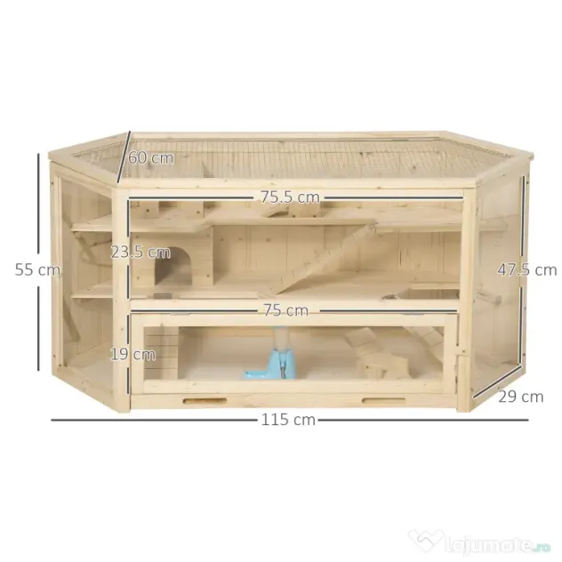 PawHut Cusca Hamsteri din Lemn cu 3 Nivele, Acoperiș Deschidere Ușoară, 115x60x55 cm, Spațiu Generos, Maro | Aosom Romania