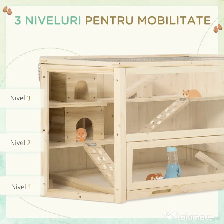 PawHut Cusca Hamsteri din Lemn cu 3 Nivele, Acoperiș Deschidere Ușoară, 115x60x55 cm, Spațiu Generos, Maro | Aosom Romania