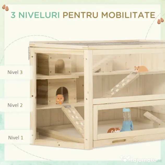 PawHut Cusca Hamsteri din Lemn cu 3 Nivele, Acoperiș Deschidere Ușoară, 115x60x55 cm, Spațiu Generos, Maro | Aosom Romania