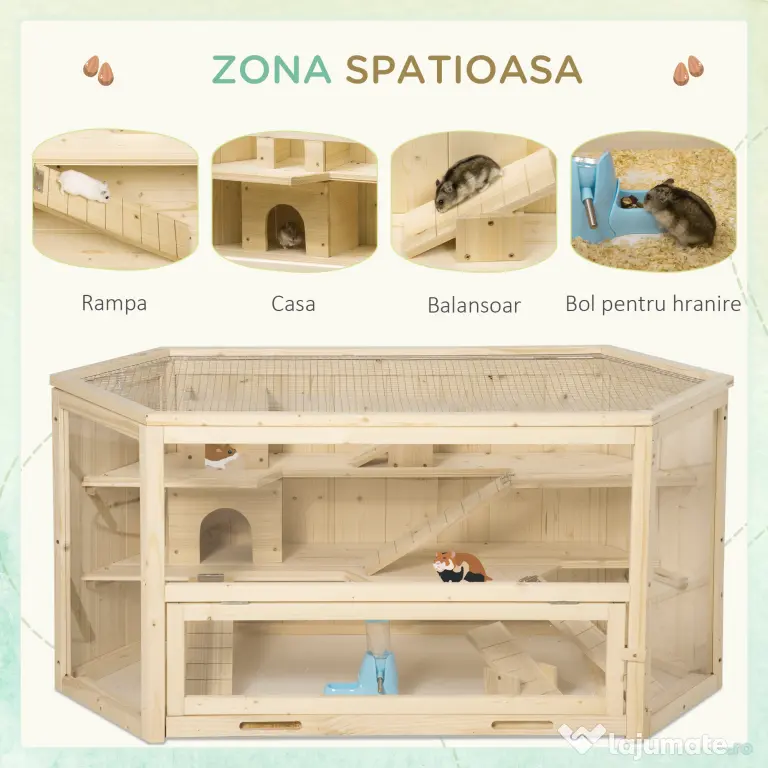 PawHut Cusca Hamsteri din Lemn cu 3 Nivele, Acoperiș Deschidere Ușoară, 115x60x55 cm, Spațiu Generos, Maro | Aosom Romania