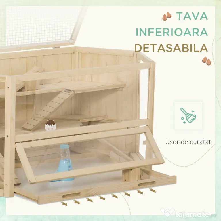 PawHut Cusca Hamsteri din Lemn cu 3 Nivele, Acoperiș Deschidere Ușoară, 115x60x55 cm, Spațiu Generos, Maro | Aosom Romania