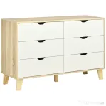 HOMCOM Comodă cu 6 sertare și mânere sculptate, din lemn, 120x40x76 cm, alb și stejar