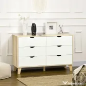 HOMCOM Comodă cu 6 sertare și mânere sculptate, din lemn, 120x40x76 cm, alb și stejar 