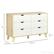 HOMCOM Comodă cu 6 sertare și mânere sculptate, din lemn, 120x40x76 cm, alb și stejar 