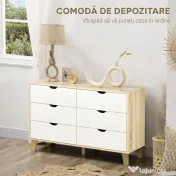 HOMCOM Comodă cu 6 sertare și mânere sculptate, din lemn, 120x40x76 cm, alb și stejar 