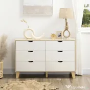 HOMCOM Comodă cu 6 sertare și mânere sculptate, din lemn, 120x40x76 cm, alb și stejar 