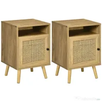 HOMCOM Set 2 Noptiere Moderne cu Dulap și Raft Deschis PAL Ratan MDF pentru Dormitor și Living 39x35x60 cm | Aosom Romania
