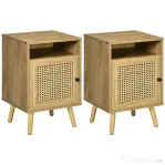 HOMCOM Set de 2 noptiere moderne pentru dormitor si living cu dulap si raft deschis, din PAL, ratan si MDF, 39x35x60 cm