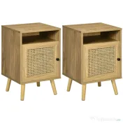 HOMCOM Set de 2 noptiere moderne pentru dormitor si living cu dulap si raft deschis, din PAL, ratan si MDF, 39x35x60 cm 