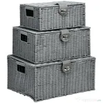 HOMCOM Set de 3 cosuri din rachita PP cu capac, containere dreptunghiulare de diferite dimensiuni, gri