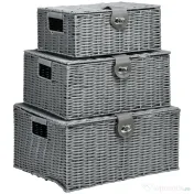 HOMCOM Set de 3 cosuri din rachita PP cu capac, containere dreptunghiulare de diferite dimensiuni, gri 