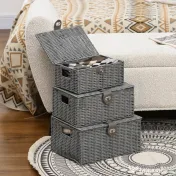 HOMCOM Set de 3 cosuri din rachita PP cu capac, containere dreptunghiulare de diferite dimensiuni, gri 