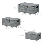 HOMCOM Set de 3 cosuri din rachita PP cu capac, containere dreptunghiulare de diferite dimensiuni, gri 