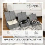 HOMCOM Set de 3 cosuri din rachita PP cu capac, containere dreptunghiulare de diferite dimensiuni, gri 