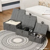 HOMCOM Set de 3 cosuri din rachita PP cu capac, containere dreptunghiulare de diferite dimensiuni, gri 