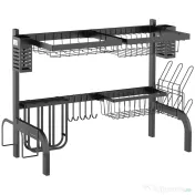 HOMCOM Suport pentru Vase Modulabil de Chiuvetă cu 2 Niveluri, Picioare Antialunecare, din Oțel, 65x31,5x52,5 cm, Negru 