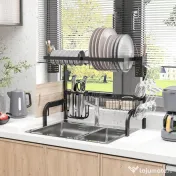 HOMCOM Suport pentru Vase Modulabil de Chiuvetă cu 2 Niveluri, Picioare Antialunecare, din Oțel, 65x31,5x52,5 cm, Negru 