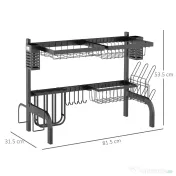 HOMCOM Suport pentru Vase Modulabil de Chiuvetă cu 2 Niveluri, Picioare Antialunecare, din Oțel, 65x31,5x52,5 cm, Negru 