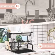 HOMCOM Suport pentru Vase Modulabil de Chiuvetă cu 2 Niveluri, Picioare Antialunecare, din Oțel, 65x31,5x52,5 cm, Negru 