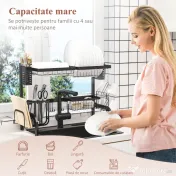 HOMCOM Suport pentru Vase Modulabil de Chiuvetă cu 2 Niveluri, Picioare Antialunecare, din Oțel, 65x31,5x52,5 cm, Negru 