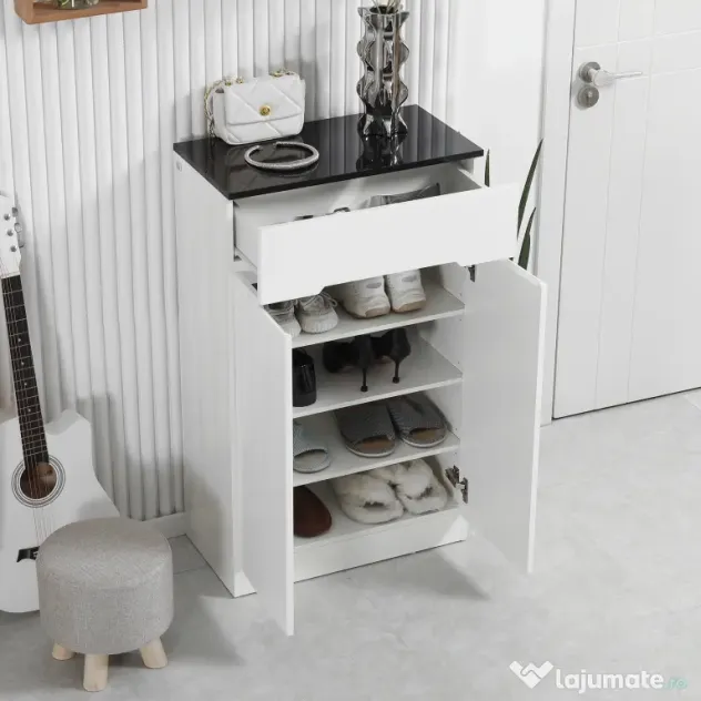 HOMCOM Dulap pentru Pantofi pentru 12 Perechi pentru Hol cu 3 Rafturi Reglabile și Sertar, Design Anti-Răsturnare, 60x32x100 cm, Alb | Aosom Romania