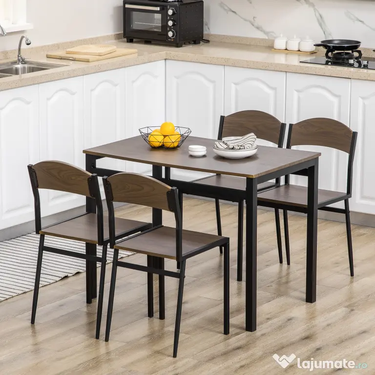 Set de sufragerie 5 piese, masa dreptunghiulara 100x63x76,5 cm, 4 scaune 45x40x82 cm, otel si MDF, maro negru HOMCOM | Aosom RO