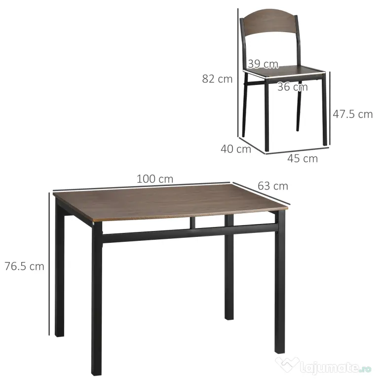Set de sufragerie 5 piese, masa dreptunghiulara 100x63x76,5 cm, 4 scaune 45x40x82 cm, otel si MDF, maro negru HOMCOM | Aosom RO
