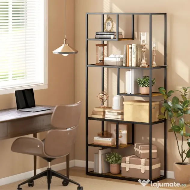 HOMCOM Bibliotecă Mobilă cu 7 Nivele din Lemn și Oțel în Stil Industrial, 83x34x180 cm, Maro | Aosom Romania