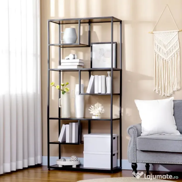 HOMCOM Bibliotecă Mobilă cu 7 Nivele din Lemn și Oțel în Stil Industrial, 83x34x180 cm, Maro | Aosom Romania