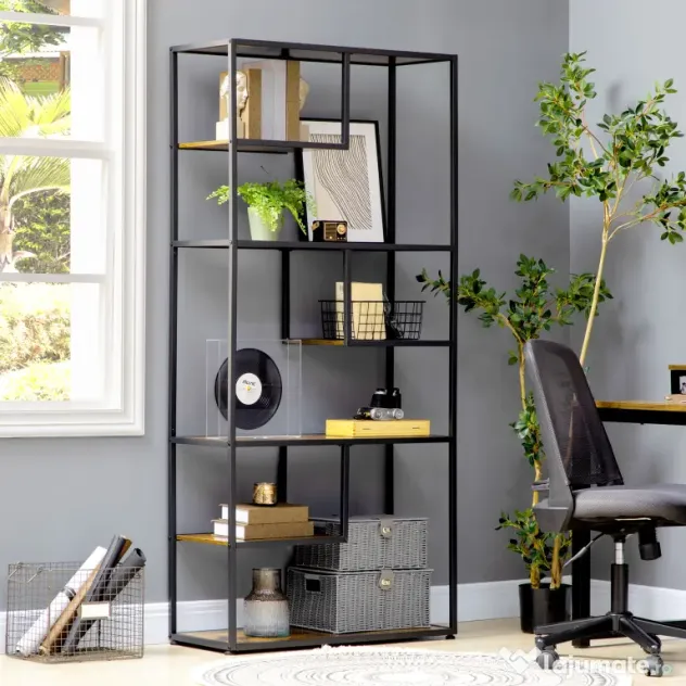HOMCOM Bibliotecă Mobilă cu 7 Nivele din Lemn și Oțel în Stil Industrial, 83x34x180 cm, Maro | Aosom Romania