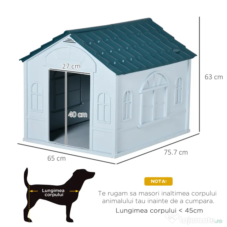 PawHut Casă Plastic pentru Caini Talie Mare Protecție Climatică Albastru 65x75.7x63cm | Aosom Romania