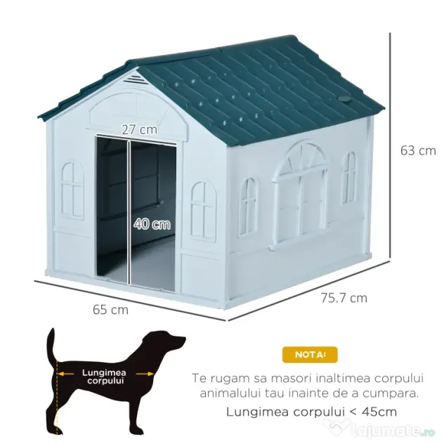 PawHut Casă Plastic pentru Caini Talie Mare Protecție Climatică Albastru 65x75.7x63cm | Aosom Romania