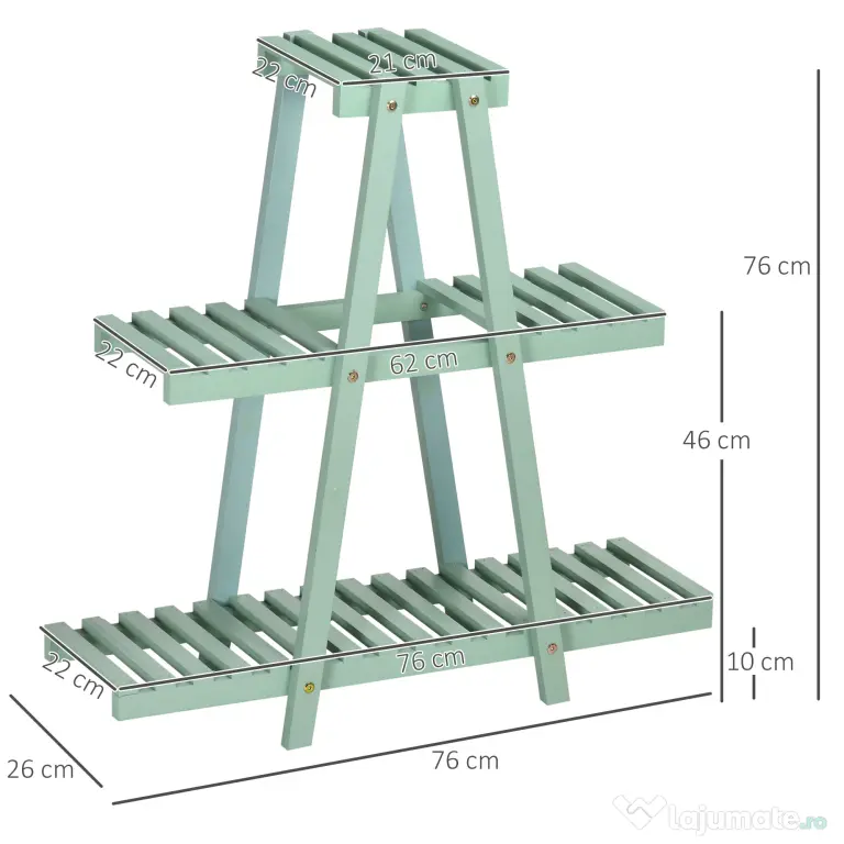 Outsunny Suport pentru plante din lemn de brad cu 3 niveluri pentru interior si exterior, 76x26x76cm, verde deschis