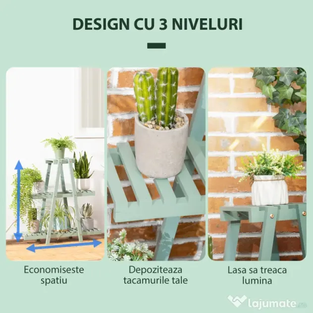 Outsunny Suport pentru plante din lemn de brad cu 3 niveluri pentru interior si exterior, 76x26x76cm, verde deschis