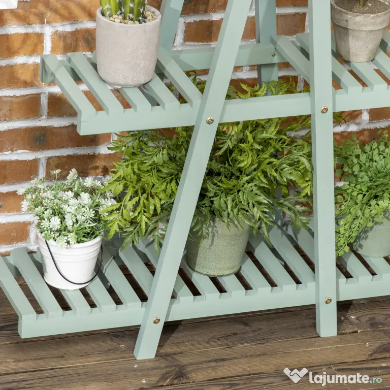 Outsunny Suport pentru plante din lemn de brad cu 3 niveluri pentru interior si exterior, 76x26x76cm, verde deschis