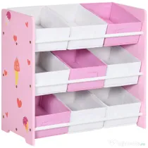 ZONEKIZ Dulăpior de Jucării cu 9 Coșuri Detașabile din MDF și Material Textil Roz | Aosom Romania