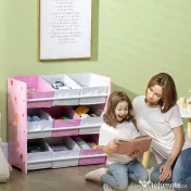 ZONEKIZ Dulăpior de Jucării cu 9 Coșuri Detașabile din MDF și Material Textil Roz 