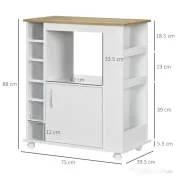 HOMCOM Căruț de bucătărie cu dulap și rafturi reglabile, roți pivotante și frână, 75x39,5x88 cm, alb