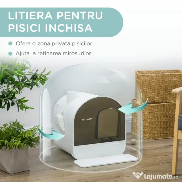 Letiera pentru pisici inchisa cu filtru, tava detasabila, PP, Alb si Negru 43x44x47cm PawHut | Aosom Romania