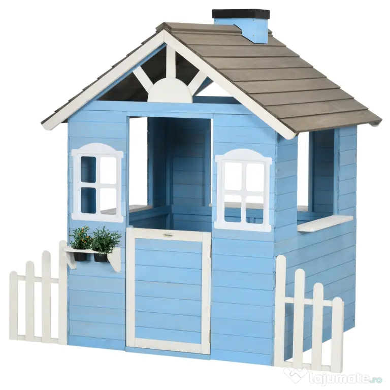 Outsunny Căsuță din Lemn de Exterior pentru Copii cu Ușă și Ferestre, Căsuță pentru Copii de 3-7 Ani, 151x112.5x142 cm, Albastru | Aosom Romania