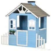 Outsunny Căsuță din Lemn de Exterior pentru Copii cu Ușă și Ferestre, Căsuță pentru Copii de 3-7 Ani, 151x112.5x142 cm, Albastru | Aosom Romania 