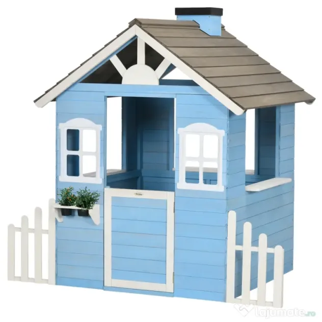 Outsunny Căsuță din Lemn de Exterior pentru Copii cu Ușă și Ferestre, Căsuță pentru Copii de 3-7 Ani, 151x112.5x142 cm, Albastru | Aosom Romania