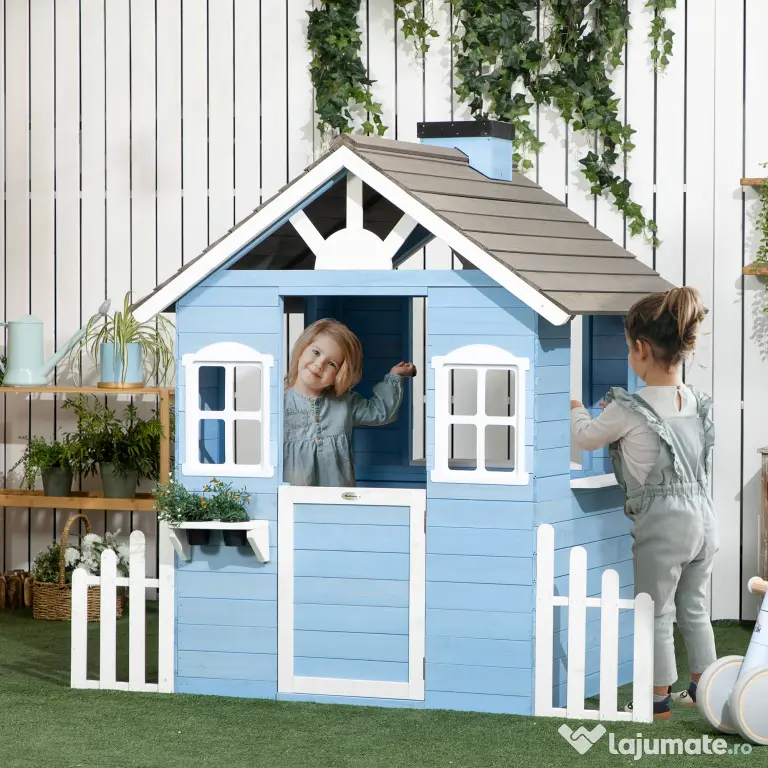 Outsunny Căsuță din Lemn de Exterior pentru Copii cu Ușă și Ferestre, Căsuță pentru Copii de 3-7 Ani, 151x112.5x142 cm, Albastru | Aosom Romania